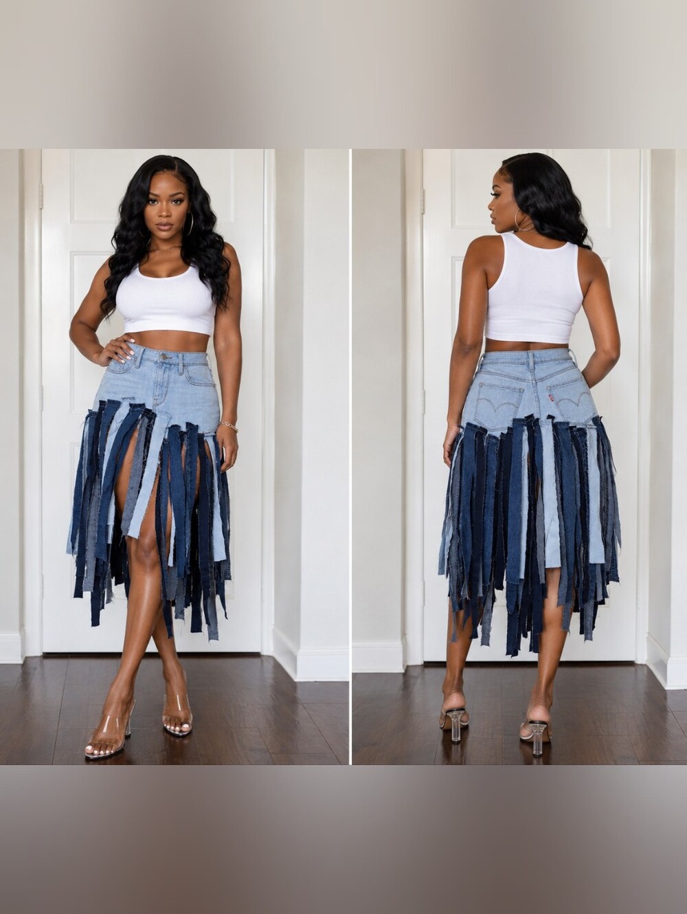 Upcycled Frayed Denim Fringe Midi Skirt - Light Blue